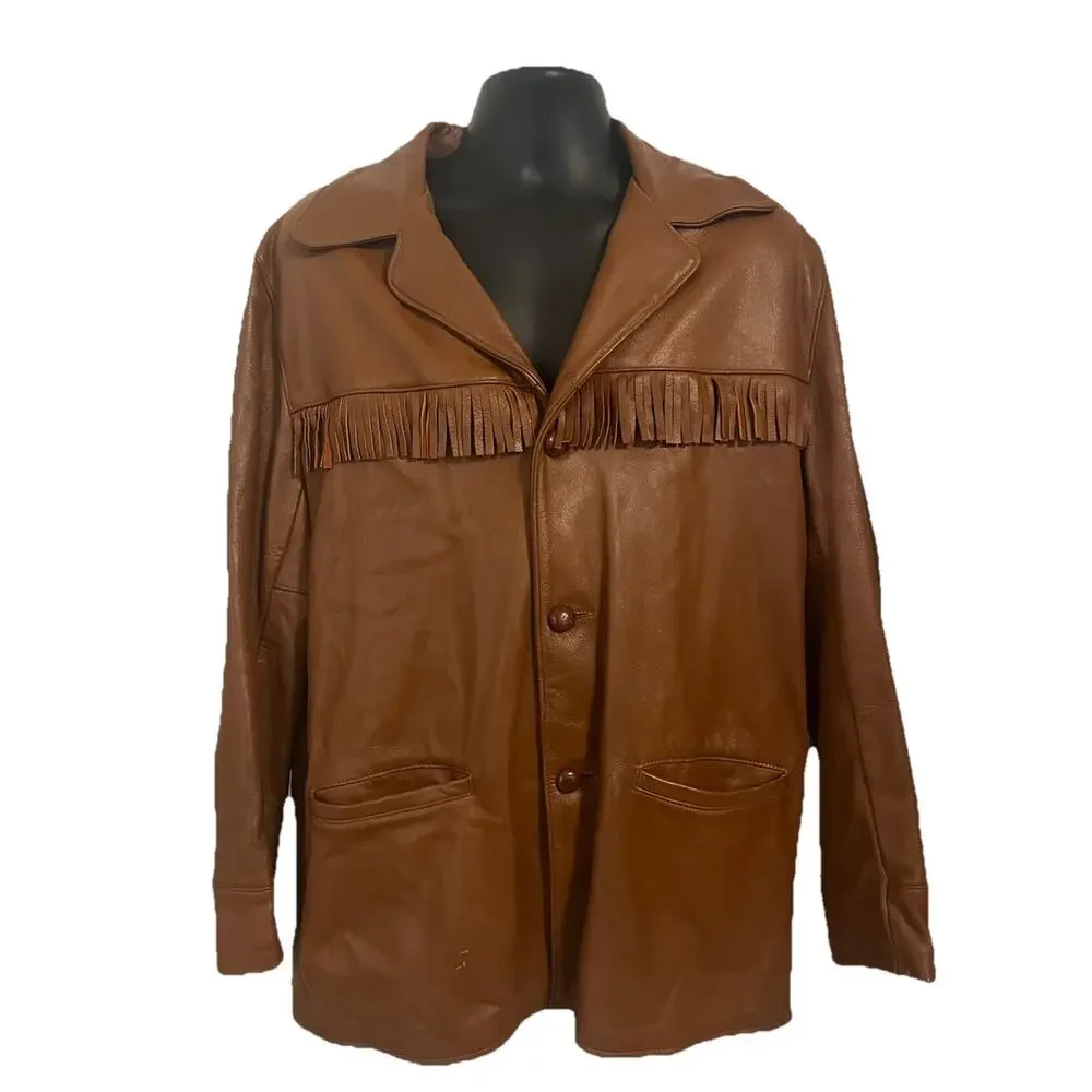 VTG 70s Deerskin Leather Jacket Fringe Western Belted Dagger Rock Brown L/XL 46